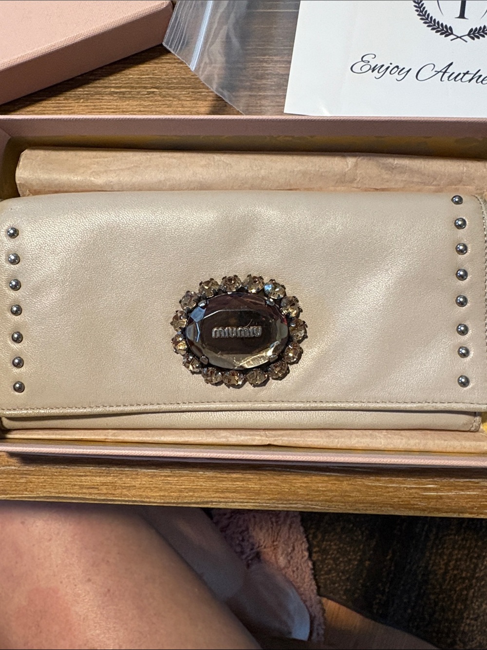 Miu Miu Cream Leather Crystal-Embellished Fold Wallet